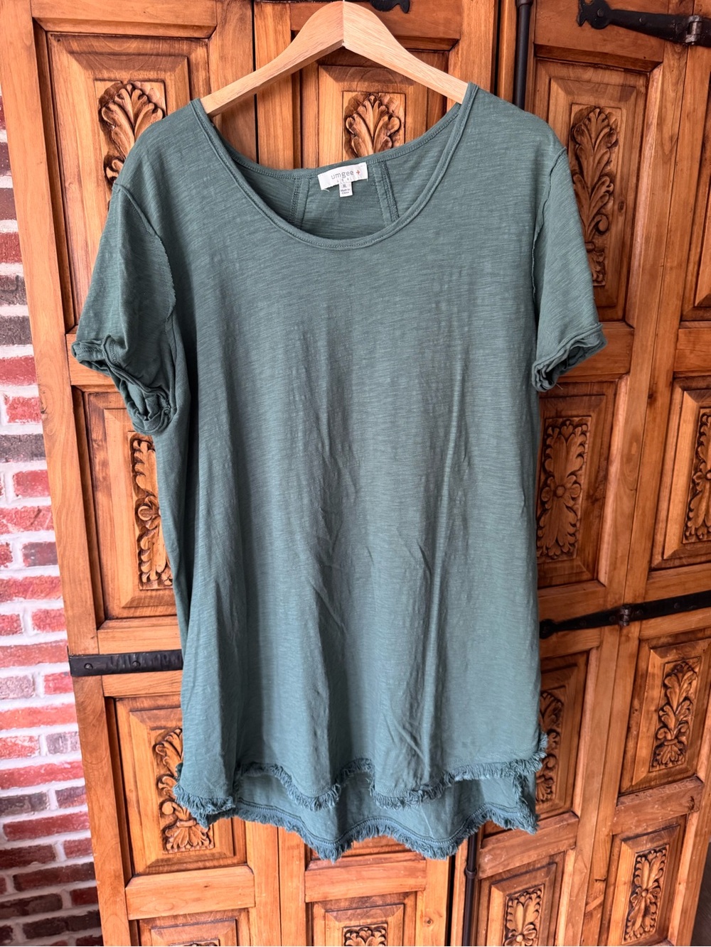 Umgee Olive Green Short Sleeve Dress with Frayed Hem